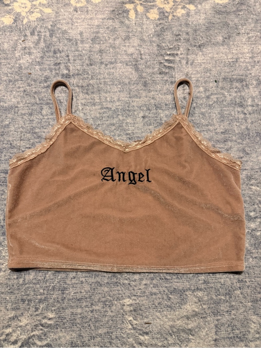 Angel Lace Trim Velvet Cami Crop Top - pink